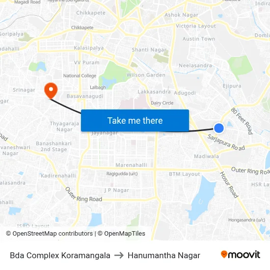 Bda Complex Koramangala to Hanumantha Nagar map