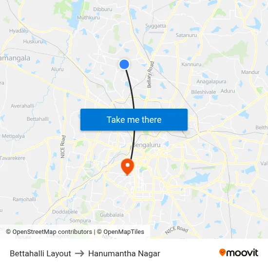 Bettahalli Layout to Hanumantha Nagar map