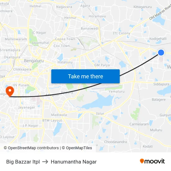 Big Bazzar Itpl to Hanumantha Nagar map
