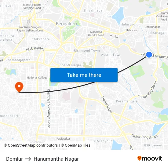 Domlur to Hanumantha Nagar map