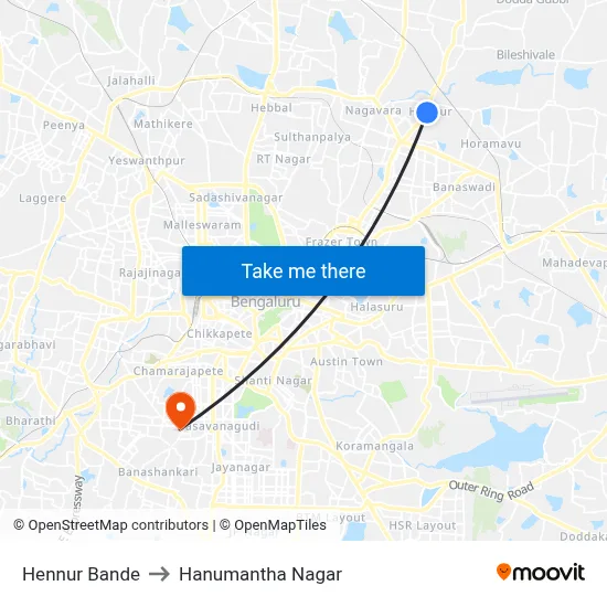 Hennur Bande to Hanumantha Nagar map