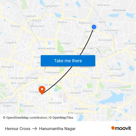 Hennur Cross to Hanumantha Nagar map