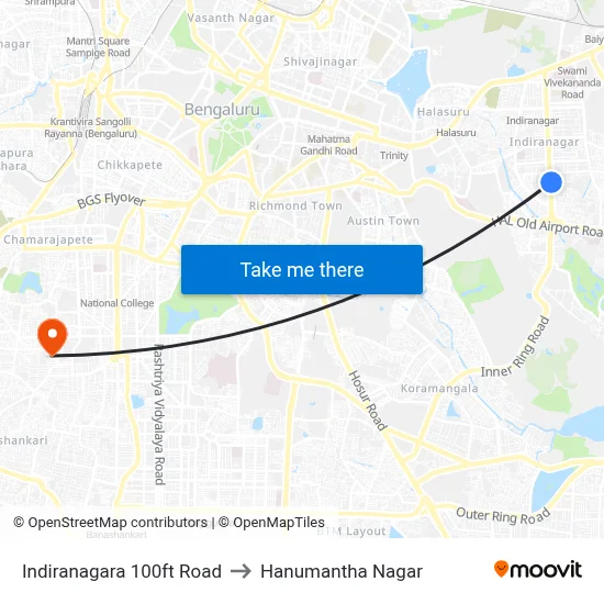 Indiranagara 100ft Road to Hanumantha Nagar map