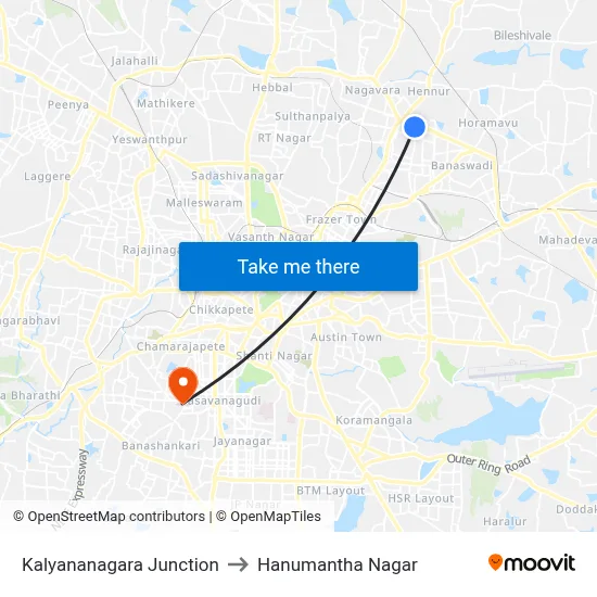 Kalyananagara Junction to Hanumantha Nagar map