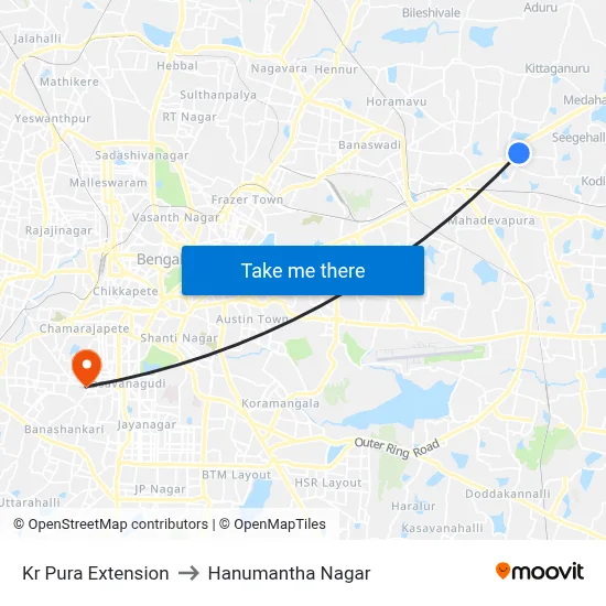 Kr Pura Extension to Hanumantha Nagar map