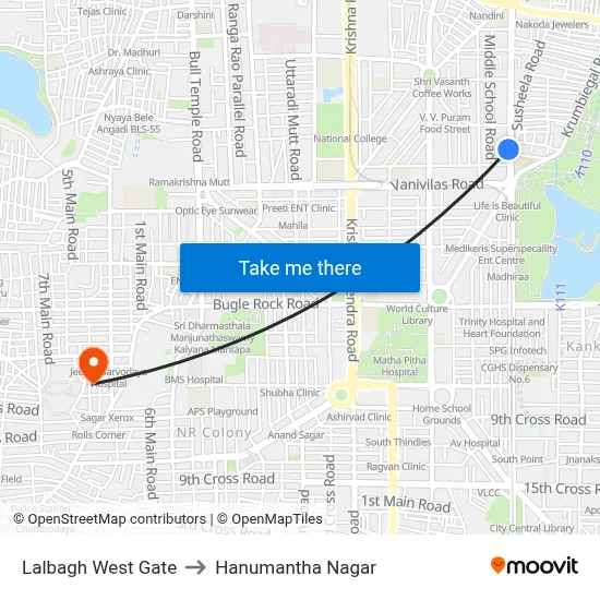Lalbagh West Gate to Hanumantha Nagar map