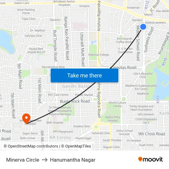 Minerva Circle to Hanumantha Nagar map