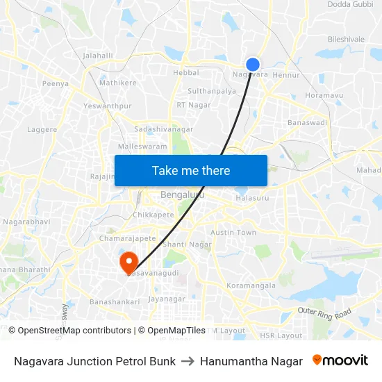 Nagavara Junction Petrol Bunk to Hanumantha Nagar map