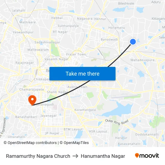 Ramamurthy Nagara Church to Hanumantha Nagar map