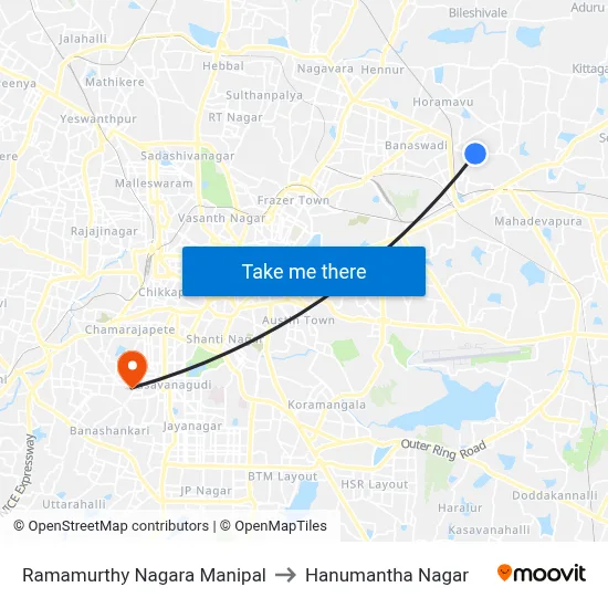 Ramamurthy Nagara Manipal to Hanumantha Nagar map