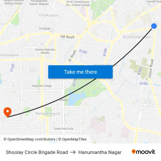 Shoolay Circle Brigade Road to Hanumantha Nagar map
