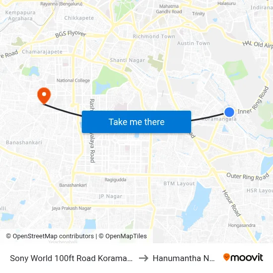 Sony World 100ft Road  Koramangala to Hanumantha Nagar map
