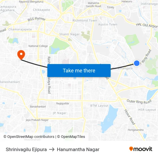 Shrinivagilu Ejipura to Hanumantha Nagar map