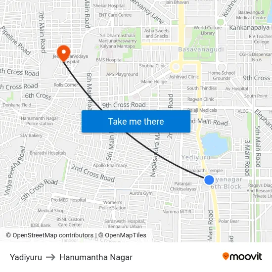 Yadiyuru to Hanumantha Nagar map