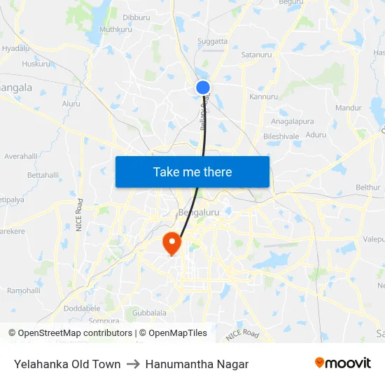 Yelahanka Old Town to Hanumantha Nagar map