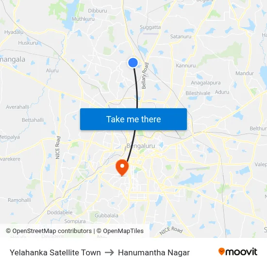 Yelahanka Satellite Town to Hanumantha Nagar map