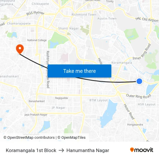 Koramangala 1st Block to Hanumantha Nagar map