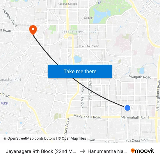 Jayanagara 9th Block (22nd Main) to Hanumantha Nagar map