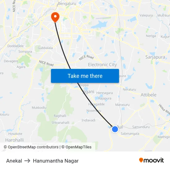 Anekal to Hanumantha Nagar map