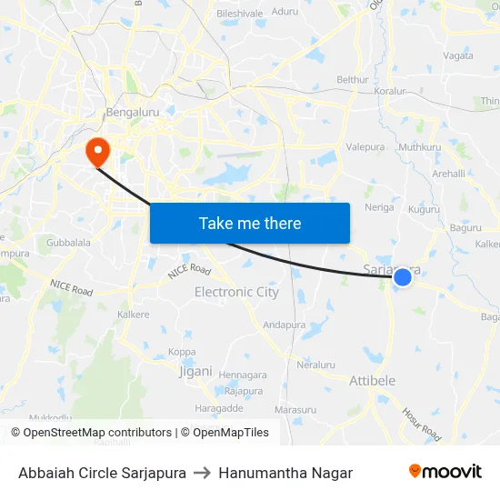 Abbaiah Circle Sarjapura to Hanumantha Nagar map