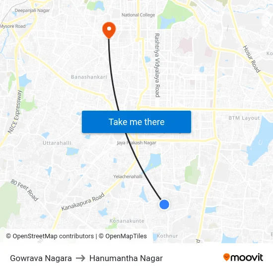 Gowrava Nagara to Hanumantha Nagar map