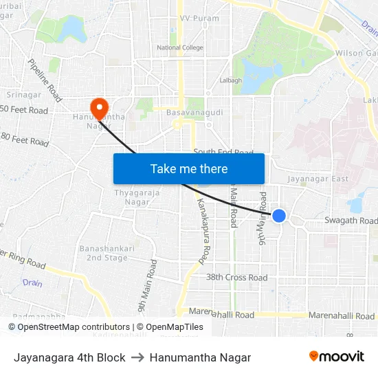 Jayanagara 4th Block to Hanumantha Nagar map
