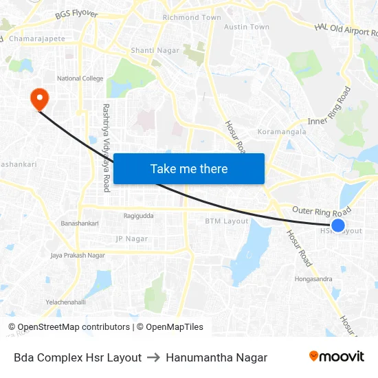 Bda Complex Hsr Layout to Hanumantha Nagar map