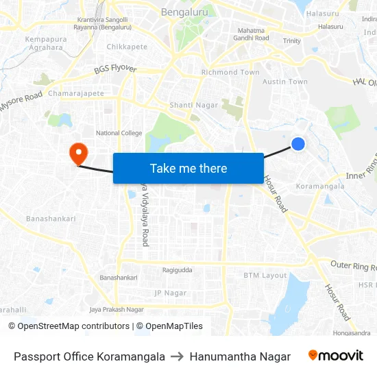 Passport Office Koramangala to Hanumantha Nagar map