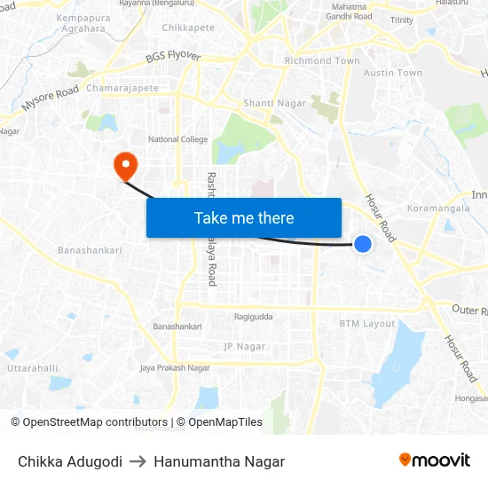 Chikka Adugodi to Hanumantha Nagar map