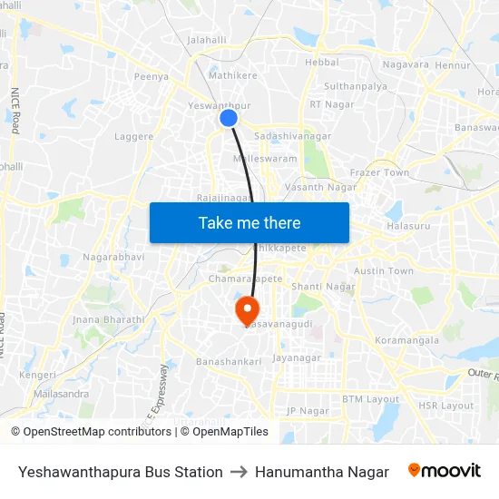 Yeshawanthapura Bus Station to Hanumantha Nagar map