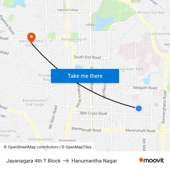 Jayanagara 4th T Block to Hanumantha Nagar map