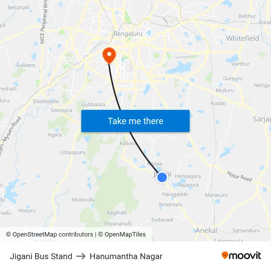 Jigani Bus Stand to Hanumantha Nagar map