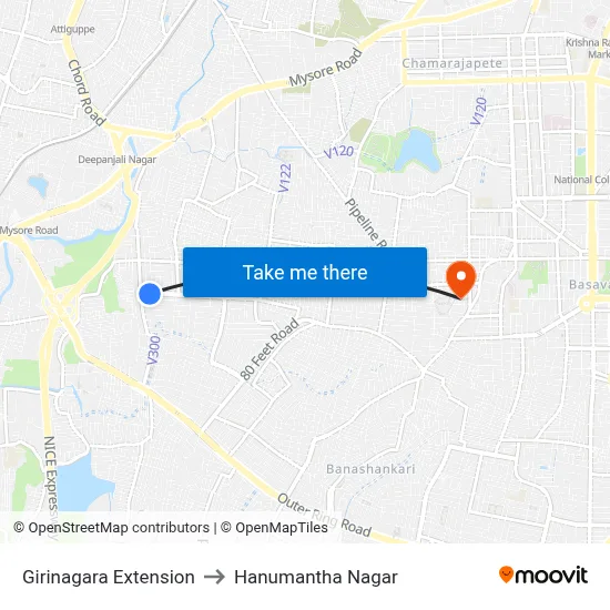 Girinagara Extension to Hanumantha Nagar map