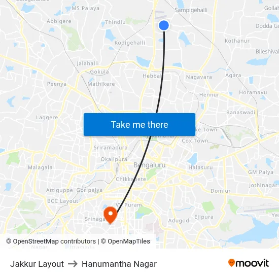 Jakkur Layout to Hanumantha Nagar map