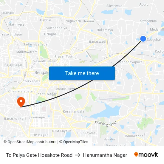 Tc Palya  Gate Hosakote Road to Hanumantha Nagar map