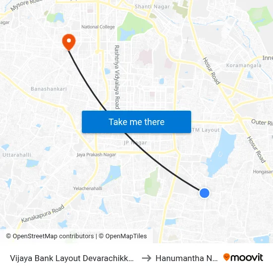 Vijaya Bank Layout Devarachikkanahalli to Hanumantha Nagar map