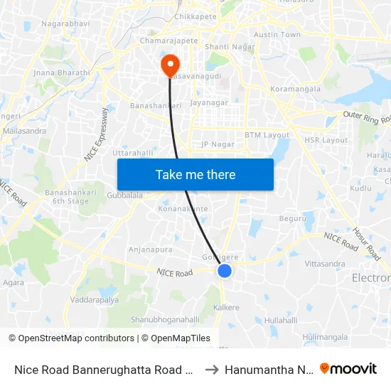 Nice Road Bannerughatta Road Junction to Hanumantha Nagar map