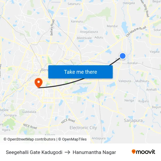 Seegehalli Gate Kadugodi to Hanumantha Nagar map