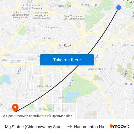 Mg Statue (Chinnaswamy Stadium) to Hanumantha Nagar map