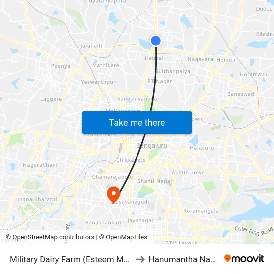 Military Dairy Farm (Esteem Mall) to Hanumantha Nagar map