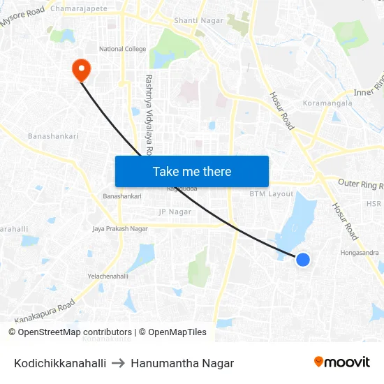 Kodichikkanahalli to Hanumantha Nagar map