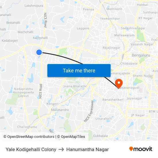 Yale Kodigehalli Colony to Hanumantha Nagar map