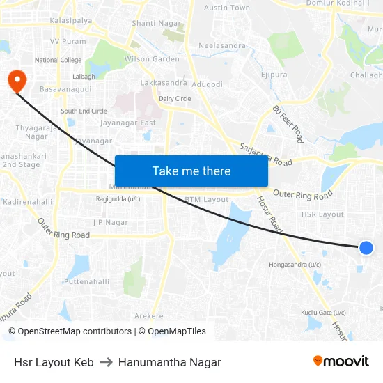Hsr Layout Keb to Hanumantha Nagar map