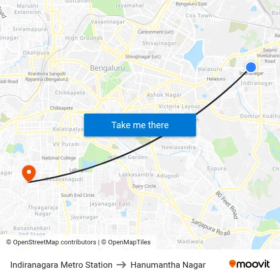 Indiranagara Metro Station to Hanumantha Nagar map