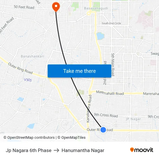 Jp Nagara 6th Phase to Hanumantha Nagar map