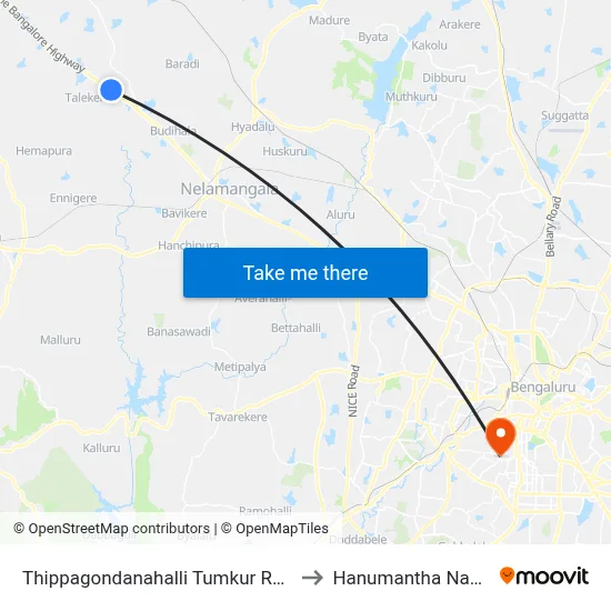 Thippagondanahalli Tumkur Road to Hanumantha Nagar map