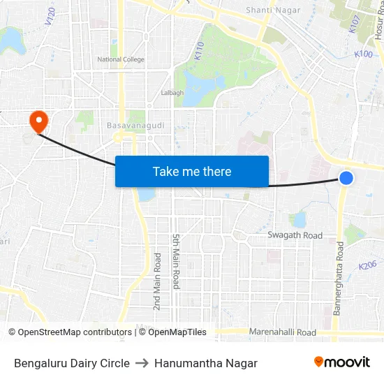 Bengaluru Dairy Circle to Hanumantha Nagar map