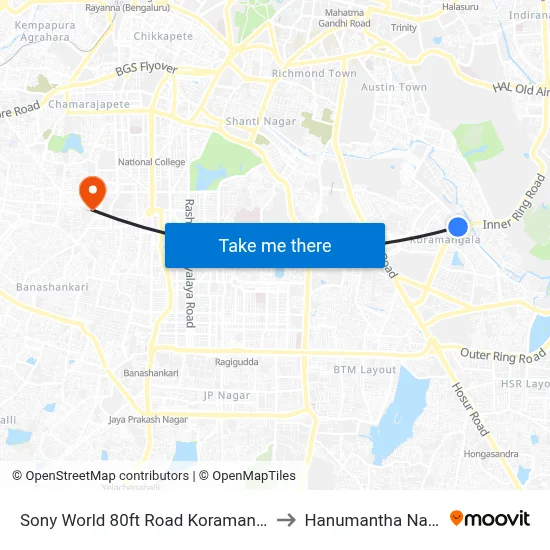 Sony World 80ft Road Koramangala to Hanumantha Nagar map
