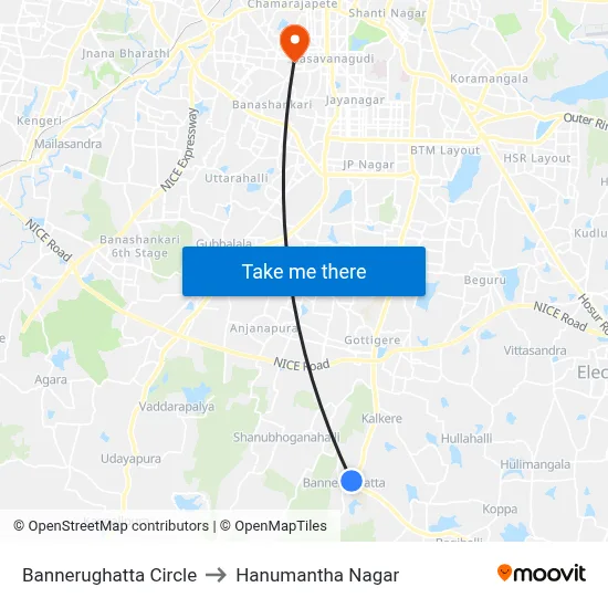 Bannerughatta Circle to Hanumantha Nagar map