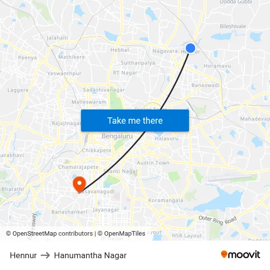 Hennur to Hanumantha Nagar map